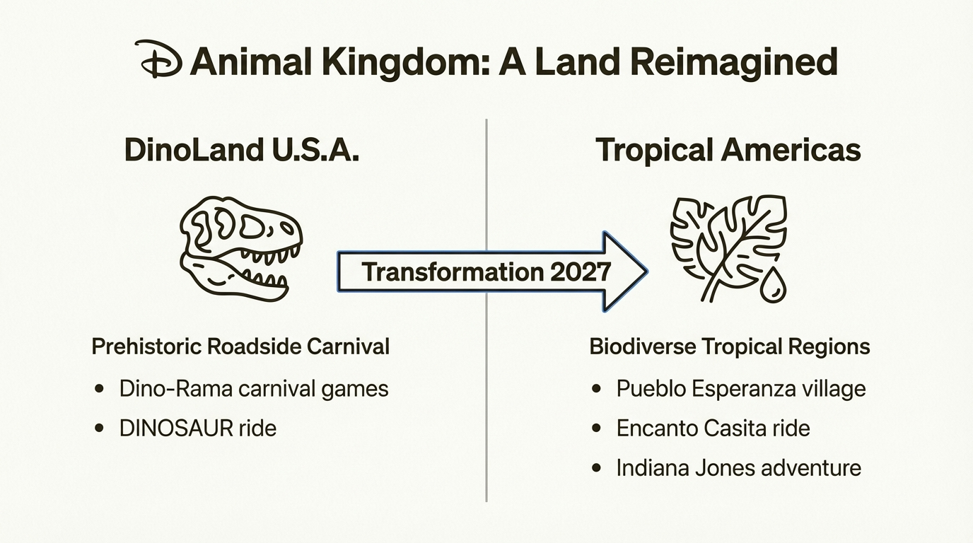 An infographic comparing the old DinoLand U.S.A. with the upcoming Tropical Americas, detailing Disney's Animal Kingdom new land changes.