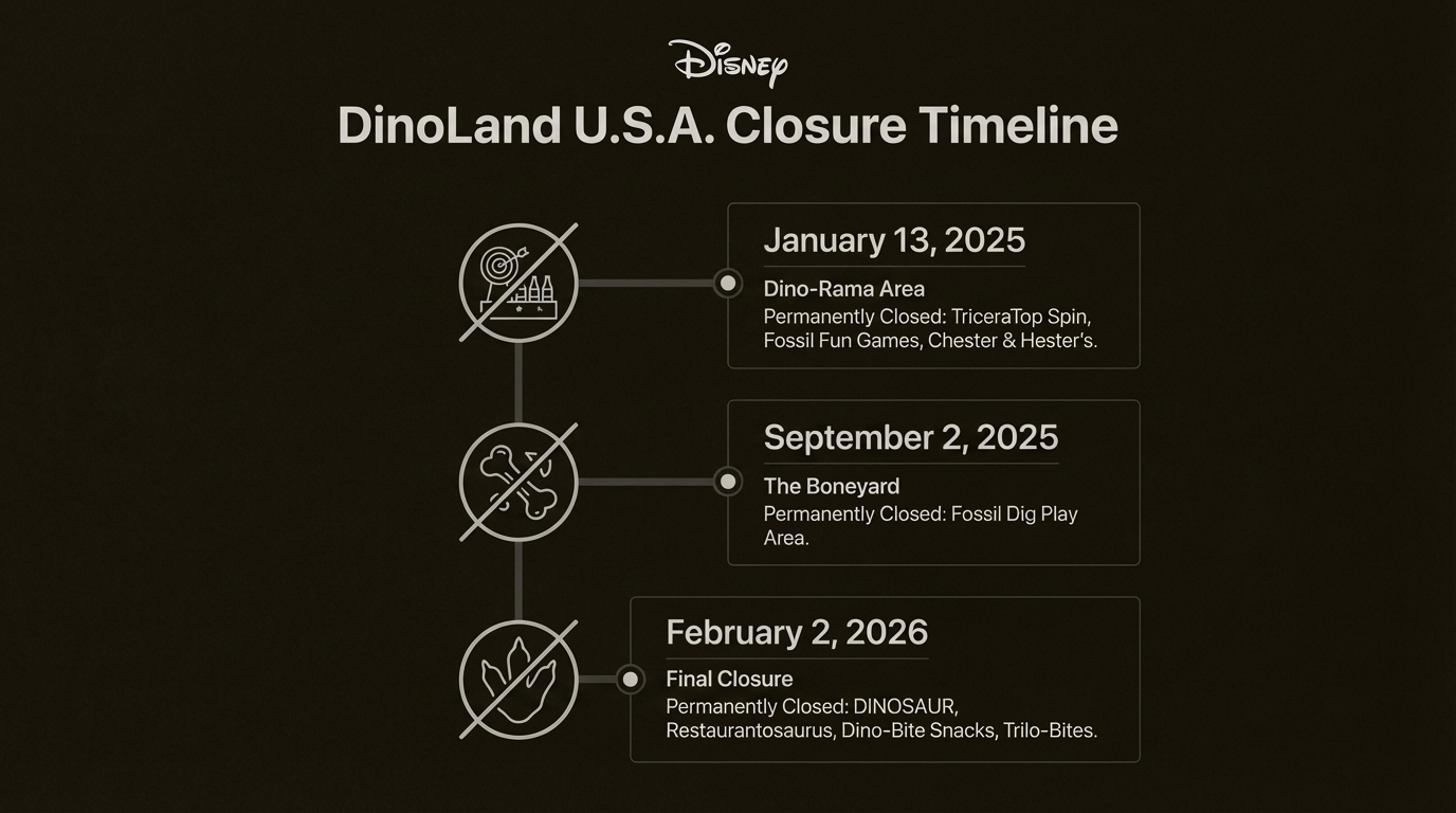A timeline showing the phased closure dates for DinoLand U.S.A., part of Disney's Animal Kingdom new land changes.
